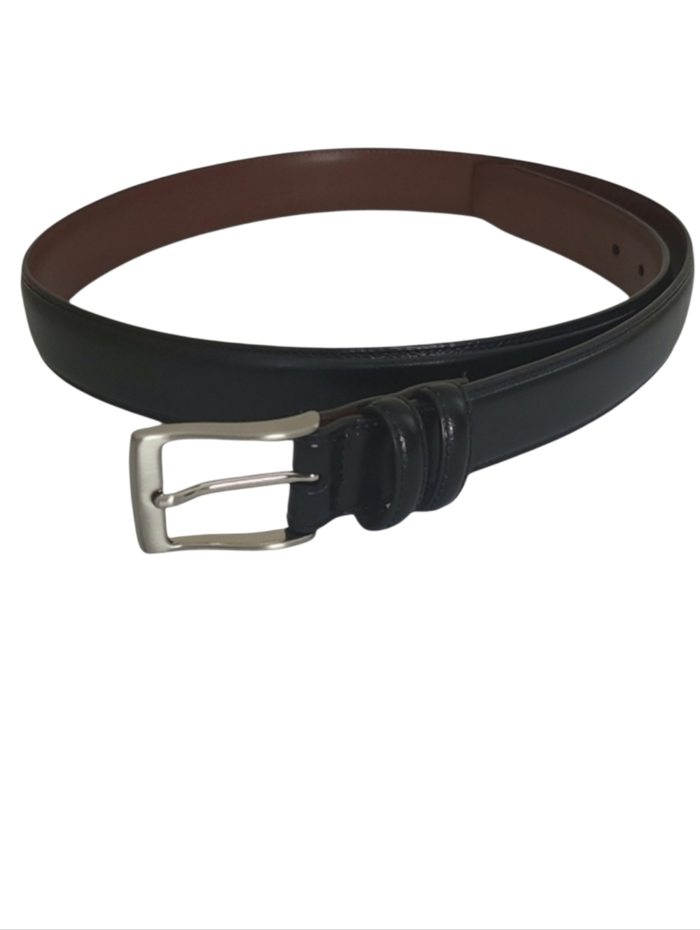 Perry Ellis Black Leather Belt Silvertone Buckle Size 36 90